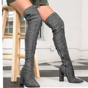 Gray Over the Knee Boots with Block Heel and Pointed Toe
